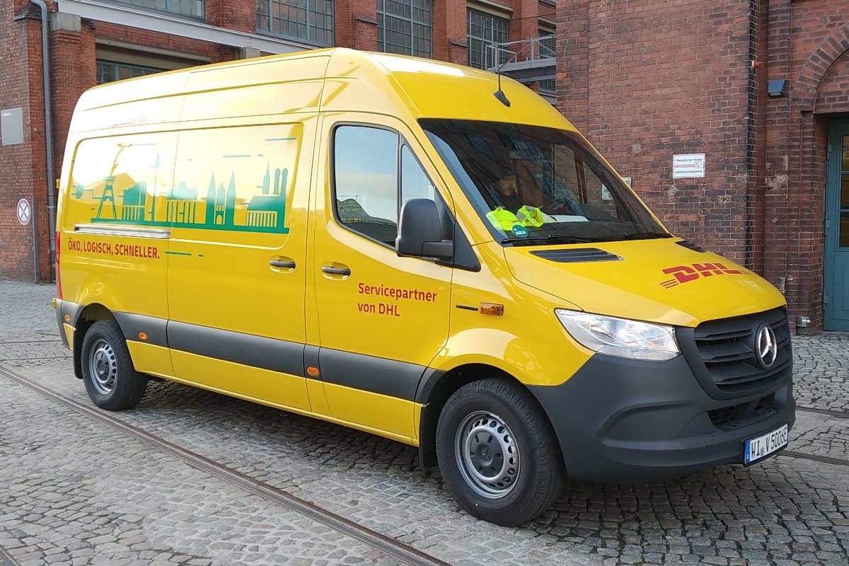 A Mercedes eSprinter DHL parcel delivery van in Berlin