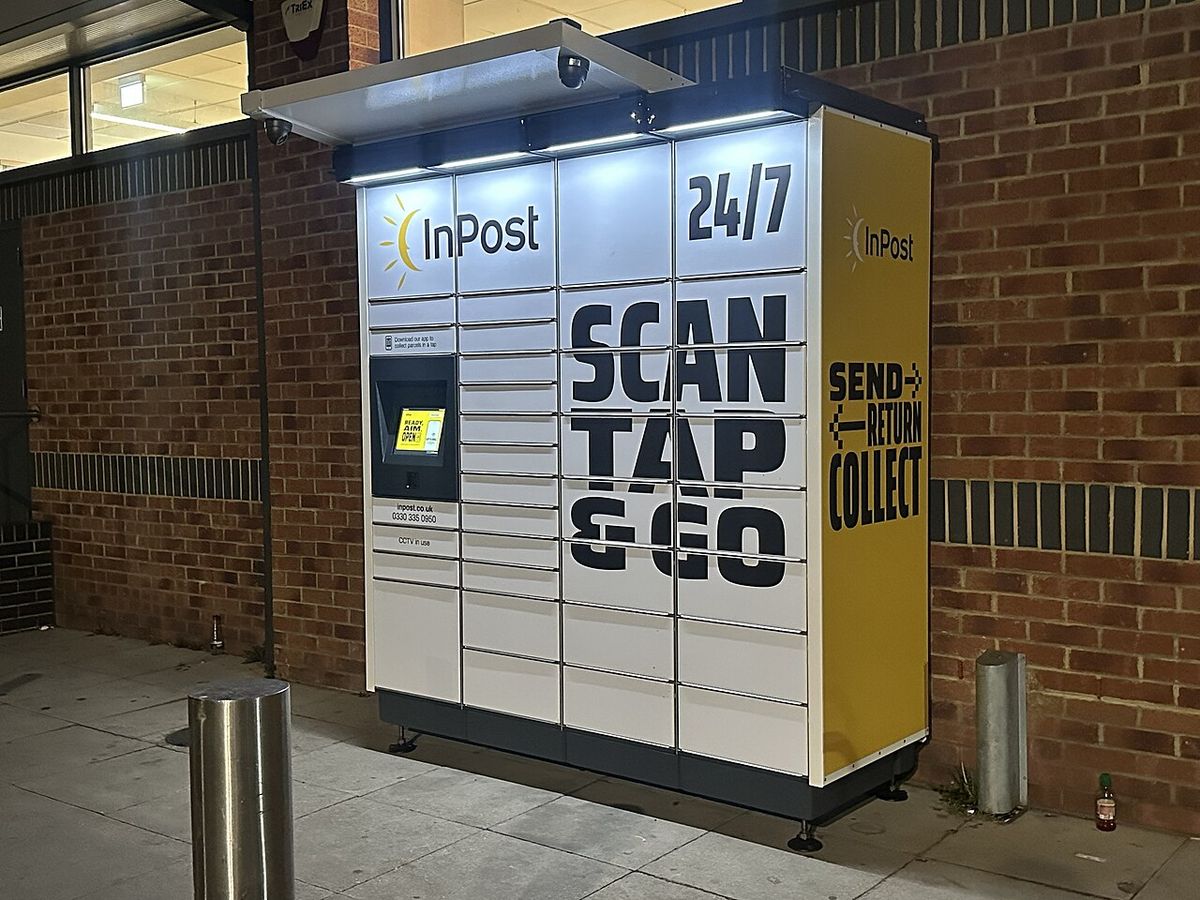An InPost parcel locker bank